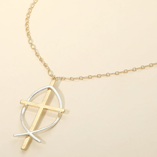 Madeline Love Two Tone, Worn Gold Two Tone Metal Cross Fish Symbol Pendant Long Necklace - Necklaces