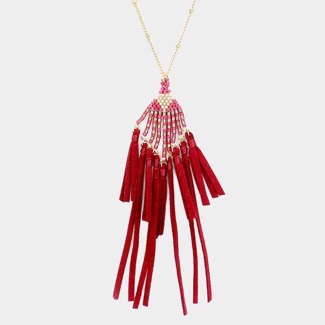 Madeline Love Burgundy, Gold Bead Suede Tassel Pendant Necklace - Necklaces