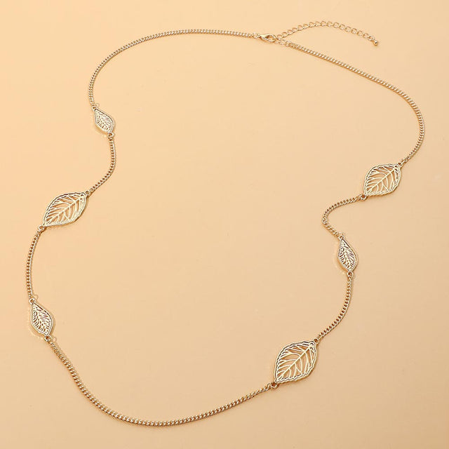 Madeline Love Gold Openwork Metal Leaf Station Long Necklace