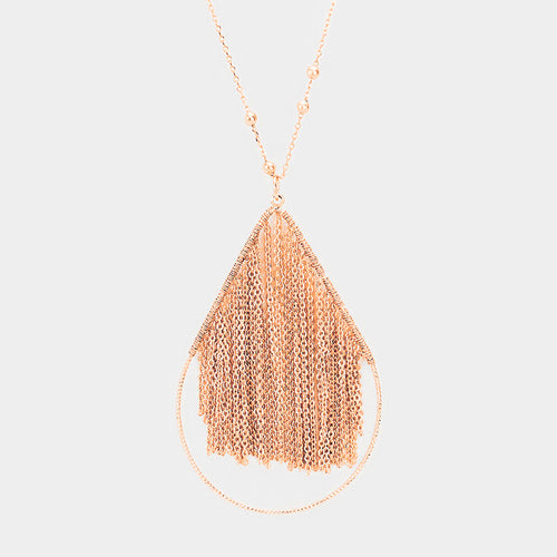 Metal Chain Fringe Teardrop Hoop Pendant Long Necklace - Rose Gold