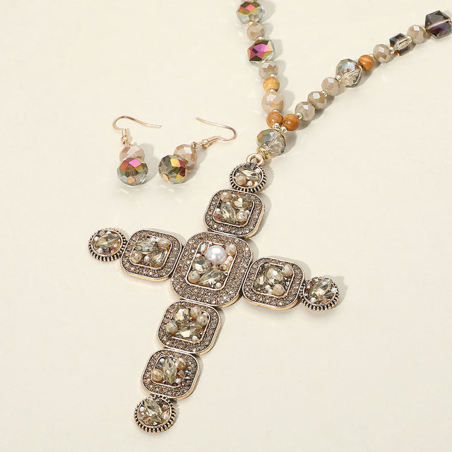 Madeline Love Beige Stone Pearl Embellished Cluster Cross Pendant Faceted Beaded Long Necklace - Necklaces