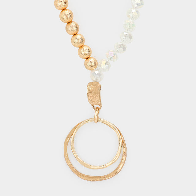 Madeline Love Clear Irregular Double Open Circle Pendant Frosted Metal Ball Faceted Beaded Long Necklace