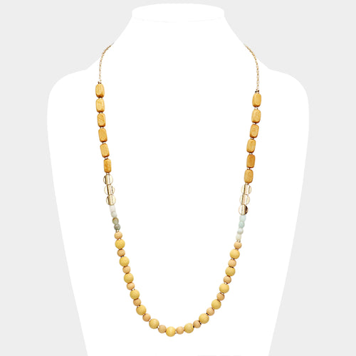 Natural Stone Wood Bead Long Necklace - LTBR-MLT