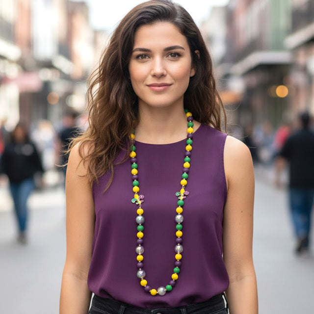 Madeline Love Multi Mardi Gras Fleur de Lis Charm Wooden Beaded Long Necklace - Necklaces