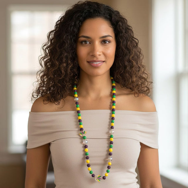 Madeline Love Green, Purple , Yellow Mardi Gras Mask Charm Wooden Beaded Long Necklace - Necklaces