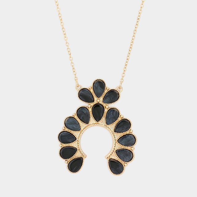 Madeline Love Jet Black Celluloid Acetate Teardrop Squash Blossom Pendant Long Necklace - Necklaces