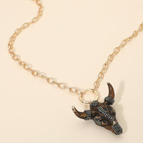 Bling Studded Western Bull Skull Pendant Long Necklace - Brown
