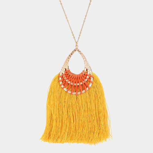 Fan Tassel Hammered Teardrop Pendant Long Necklace - Gold, Mustard
