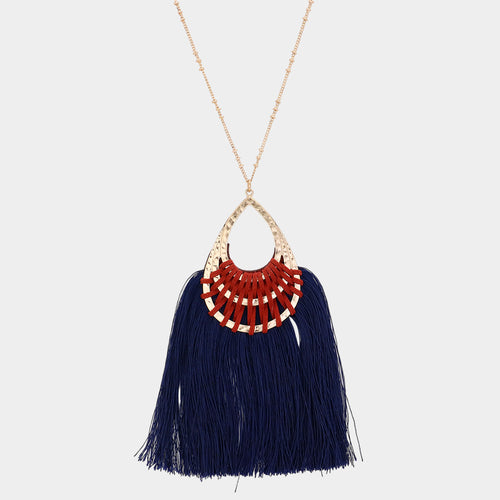 Fan Tassel Hammered Teardrop Pendant Long Necklace - Teal