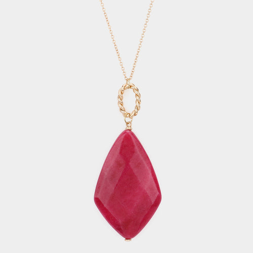 Natural Stone Pendant Long Necklace - Burgundy