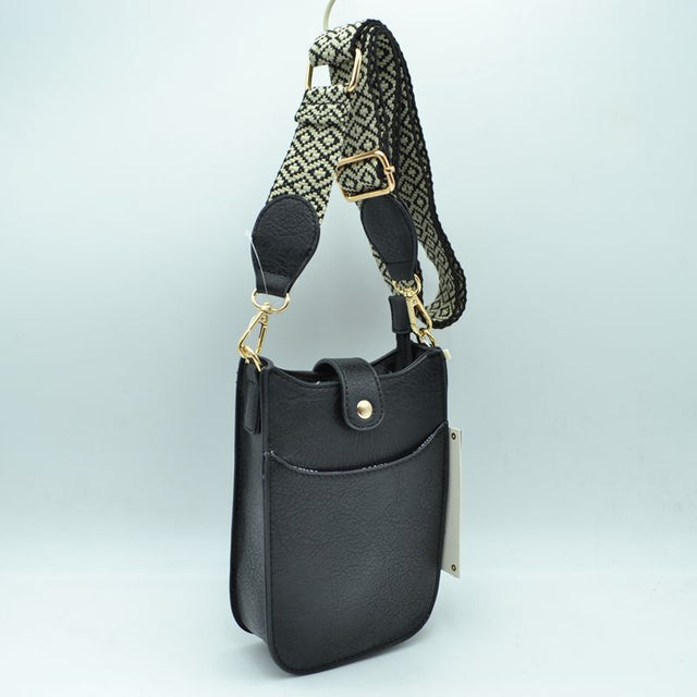 Crossbody Phone Bag with Patterned Wide Shoulder Strap - Black - Crossbody Bag