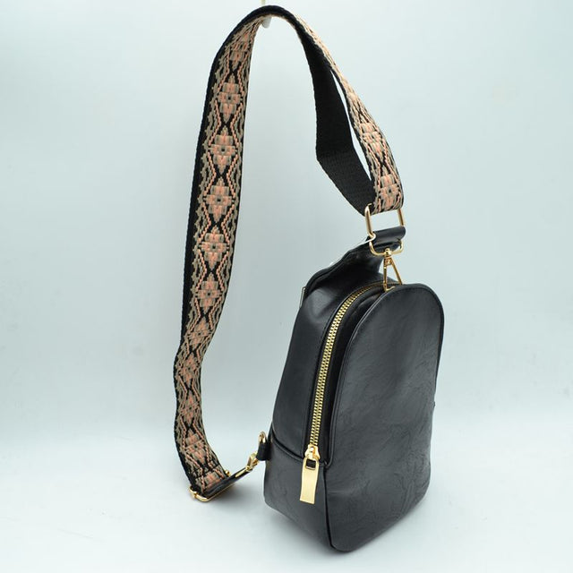 Sling Backpack with Patterned Wide Shoulder Strap - Black - Backpacks