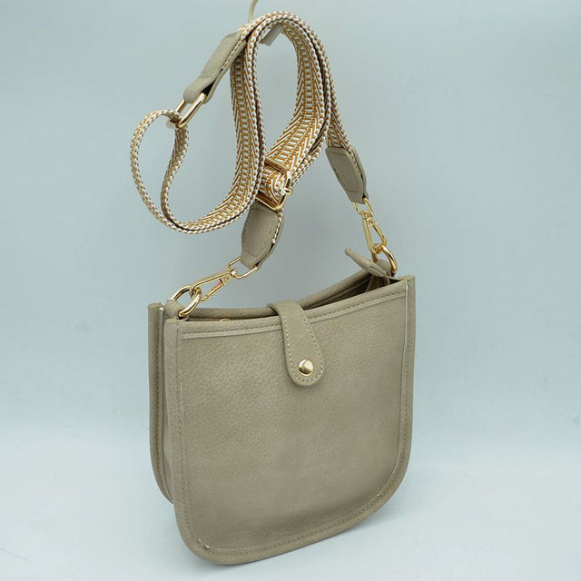 Minimalist Curved Crossbody Bag with Patterned Guitar Strap - Beige - Crossbody Bags