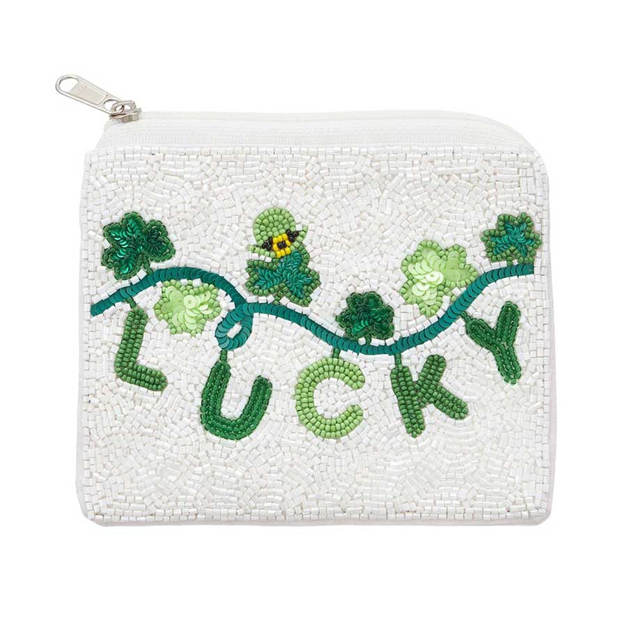 LUCKY Message Sequin Clover Beaded Mini Pouch Bag, Looking for the perfect accessory this St. Patrick's Day? Look no further than our Mini Pouch Bag. With its beautiful sequin design and lucky clover charm, this bag is sure to bring good fortune wherever you go. Add a touch of shimmer and charm to your outfit.