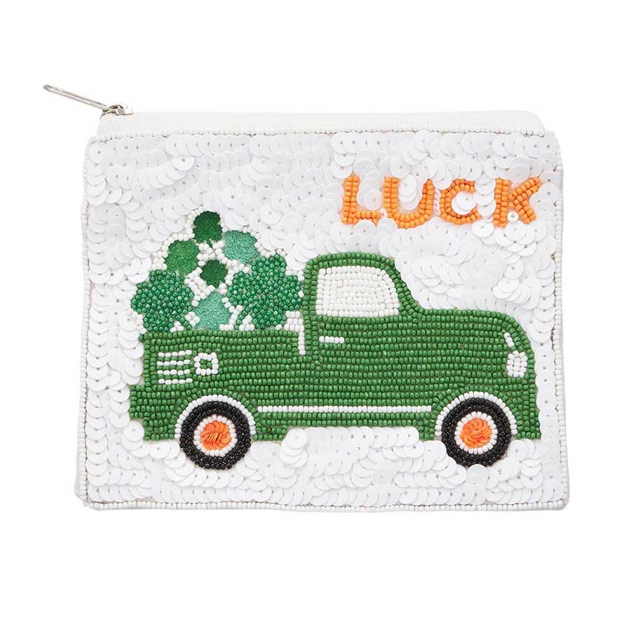 LUCKY Message Sequin Clover Truck Beaded Mini Pouch Bag, Looking for the perfect accessory this St. Patrick's Day? Look no further than our Mini Pouch Bag. With its beautiful sequin design and lucky clover charm, this bag is sure to bring good fortune wherever you go. Add a touch of shimmer and charm to your outfit.+