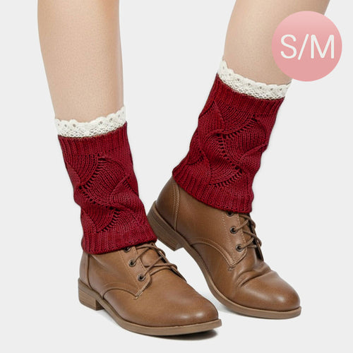 Lace Trim Knit Leg Warmer Boot Topper - Red