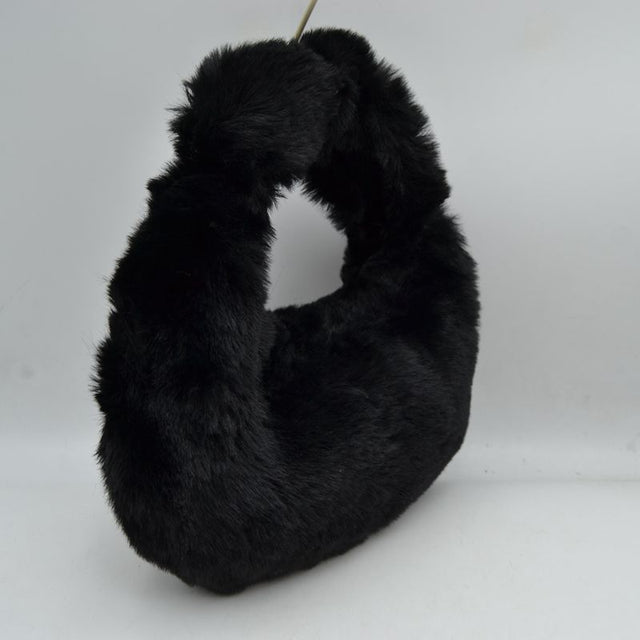 Fluffy Plush Crescent Hobo Handbag with Integrated Top Handle - Black - Hobo Bags