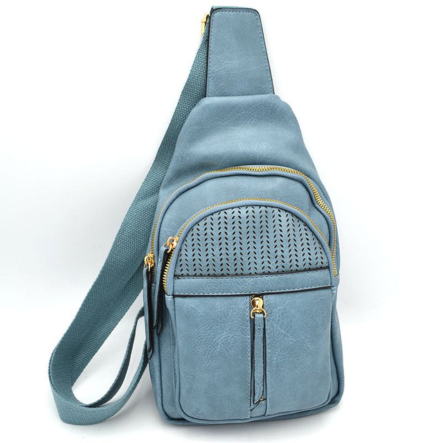 Grained Sling Bag with Perforated Accent and Gold Zippers - Denim - Sling Bag