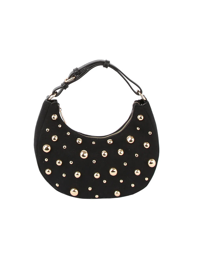 Studded Crescent Shoulder Bag with Adjustable Top Handle - Black - Shoulder Bag