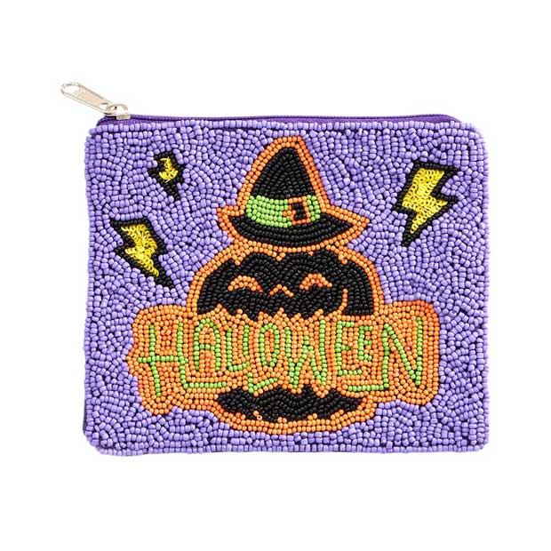 Lavender-Halloween Message Pumpkin Seed Beaded Halloween Mini Pouch Bag, This unique and intricately designed bag features handcrafted pumpkin seed beads and a playful Halloween message. Perfect for holding your essentials while making a statement at any Halloween event. Made with quality and creativity in mind.