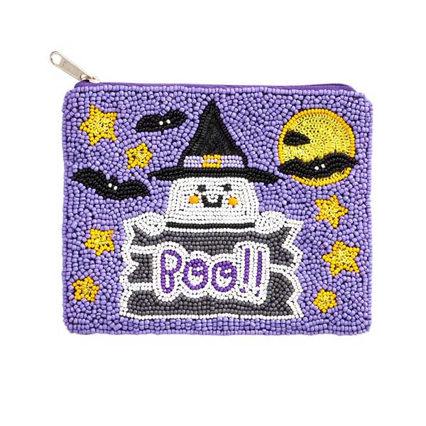 Lavender-Boo Message Ghost Seed Beaded Halloween Mini Pouch Bag, adds a playful touch to your Halloween outfit. The spooky ghost design is hand-crafted with seed beads for a unique and festive look. Perfect for carrying essentials, this mini pouch bag is a must-have accessory for any Halloween event.