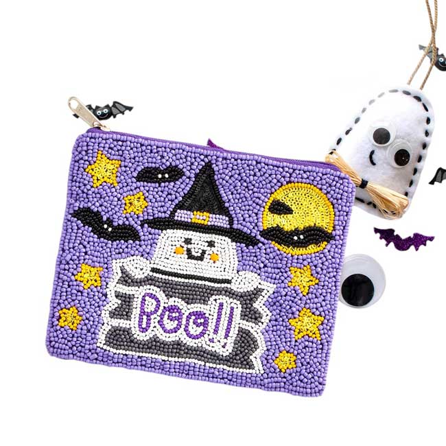 Lavender-Boo Message Ghost Seed Beaded Halloween Mini Pouch Bag, adds a playful touch to your Halloween outfit. The spooky ghost design is hand-crafted with seed beads for a unique and festive look. Perfect for carrying essentials, this mini pouch bag is a must-have accessory for any Halloween event.