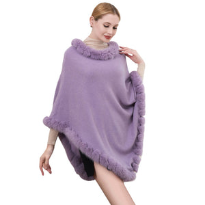 Lavender Faux Fur Trimmed Solid Poncho, ensure your upper body stays perfectly warm when the temperatures drop. You can wear it as a casual outfit! A fashionable eye-catcher will quickly become one of your favorite accessories, warm, and goes with all your winter outfits. Perfect winter gift for your loved ones.