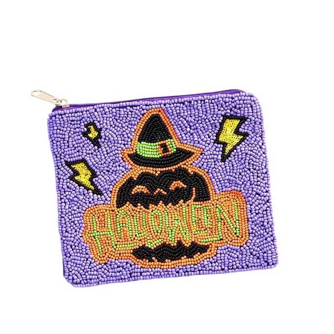 Lavender-Halloween Message Pumpkin Seed Beaded Halloween Mini Pouch Bag, This unique and intricately designed bag features handcrafted pumpkin seed beads and a playful Halloween message. Perfect for holding your essentials while making a statement at any Halloween event. Made with quality and creativity in mind.