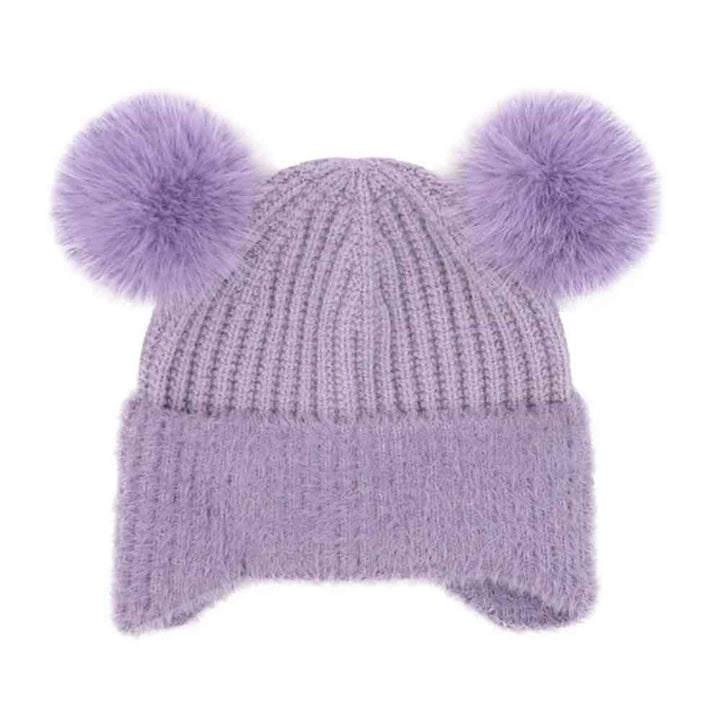 Lavender Kids Faux Fur Earflap Double Pom C.C Beanie combines warmth and playful design, featuring soft faux fur earflaps for added protection against cold and two double pom-poms for a charming look. Crafted from durable materials, this beanie ensures comfort and reliable insulation, making it an excellent choice for keeping children cozy during winter activities. 