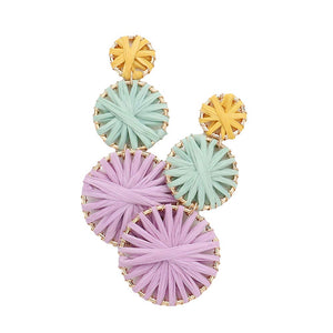 Lavender Multi Raffia Wrapped Triple Circle Link Dangle Earrings, turn your ears into a chic fashion statement with these triple circle link dangle earrings! The beautifully crafted design adds a gorgeous glow to any outfit. These beautifully unique designed earrings with beautiful colors are suitable as gifts for wives, girlfriends, lovers, friends, and mothers. An excellent choice for wearing at outings, parties, events, etc.