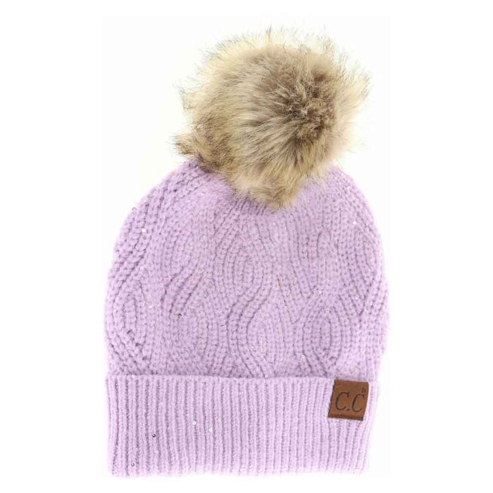 Lavender Sequin Brioche Cable Knit Fur Pom C.C Beanie combines classic craftsmanship with a modern touch. Featuring a soft brioche cable knit pattern enhanced by subtle sequins, this beanie adds understated sparkle to cold-weather style. The plush fur pom enhances warmth and a refined aesthetic, making it an ideal accessory for both functionality and fashion during chilly days. Durable and comfortable, it delivers expert-level design that complements any winter wardrobe. 