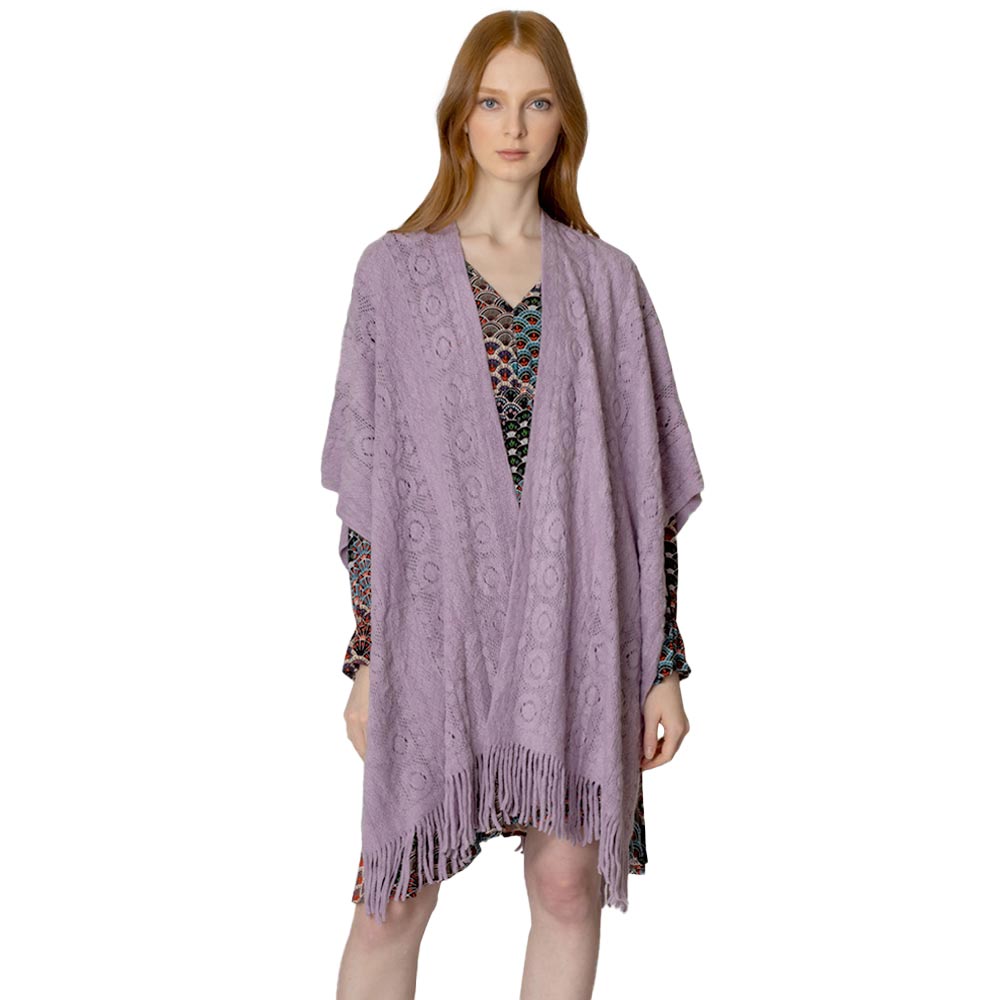 Lavender Solid Crochet Ruana, With the latest trend in ladies' outfit cover-up! the high-quality knit ruana is soft, comfortable, and warm but lightweight. It's perfect for your daily, casual, party, evening, vacation, and other special events outfits. A fantastic gift for your friends or family.