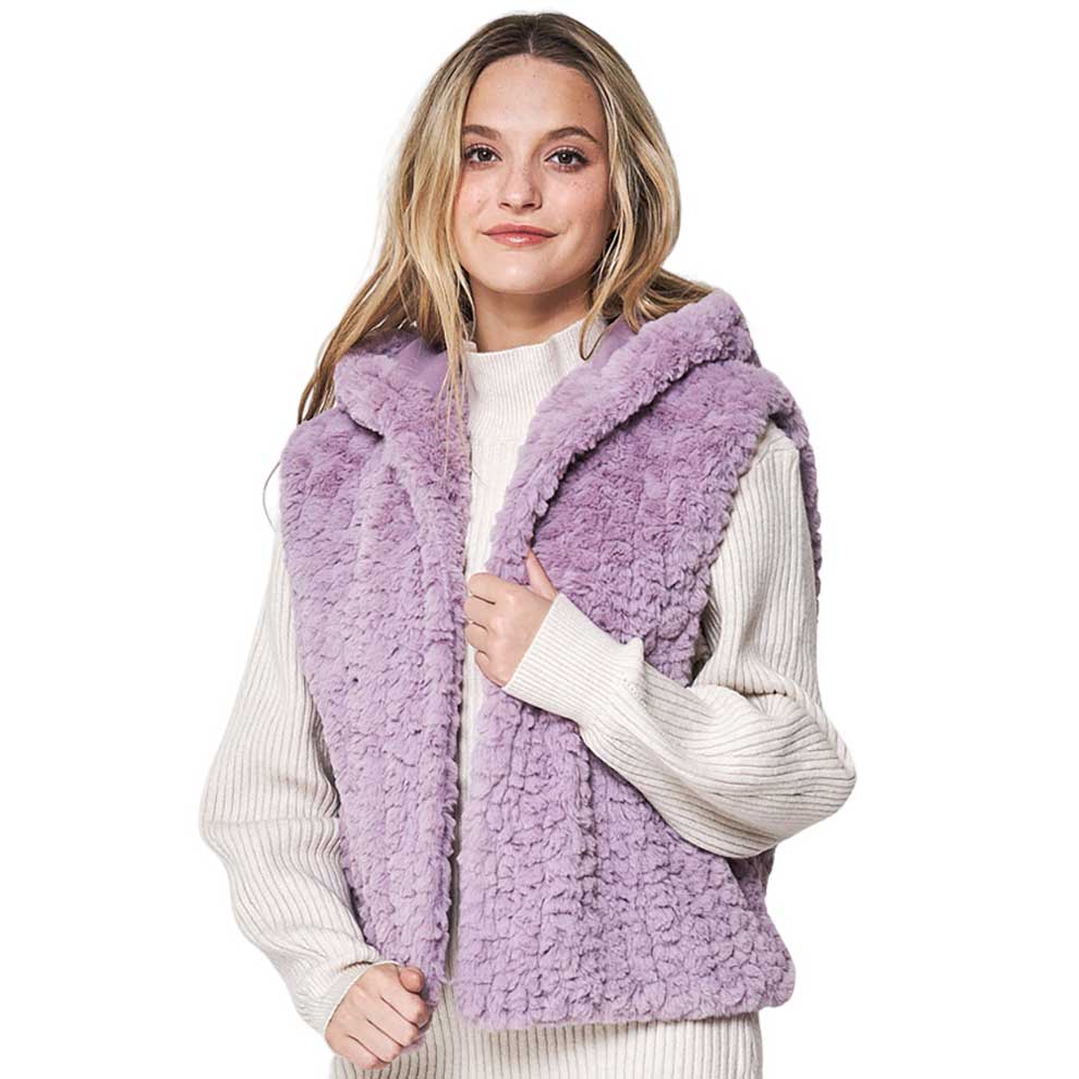 Lavender Solid Faux Fur Hooded Vest, is designed to keep you warm and stylish in the coldest of climates. Crafted from premium faux fur, this vest is sure to be a comfortable and stylish companion in any outfit. With a hood for additional protection and wind coverage, this vest is ideal for outdoor winter activities. 