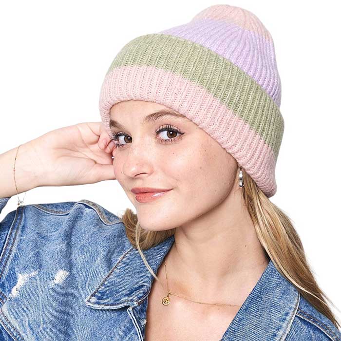 Lavender Striped Ribbed Beanie Hat, Stay warm and stylish this winter. Crafted from a blend of cotton, this hat features a ribbed knit design and striking stripes to make a bold statement while keeping your head cozy. The perfect accessory for all your cold-weather activities!