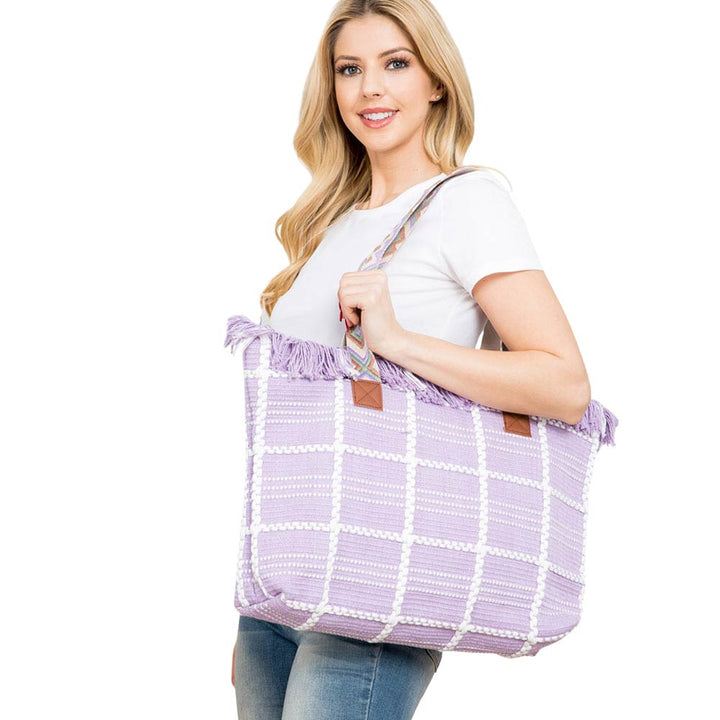 Lavender Top Fringe Pointed Check Patterned Tote Bag, this tote bag is versatile enough for carrying through the week. Simple and leisurely, elegant and fashionable, suitable for women of all ages to carry around all day. Perfect for traveling, beach, shopping, camping, dating, and other outdoor activities in daily life.