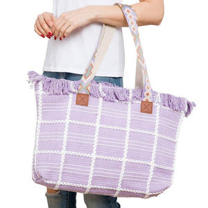Lavender Top Fringe Pointed Check Patterned Tote Bag, this tote bag is versatile enough for carrying through the week. Simple and leisurely, elegant and fashionable, suitable for women of all ages to carry around all day. Perfect for traveling, beach, shopping, camping, dating, and other outdoor activities in daily life.