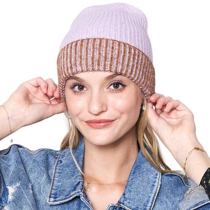 Lavender Two Tone Cuff Beanie Hat, Stay stylishly warm during the cold with this. Crafted with two distinct and complementary colors, this beanie hat is designed to add a touch of flair to any winter ensemble. Built for maximum comfort and warmth, it is perfect for outdoor activities and as a perfect winter gift.