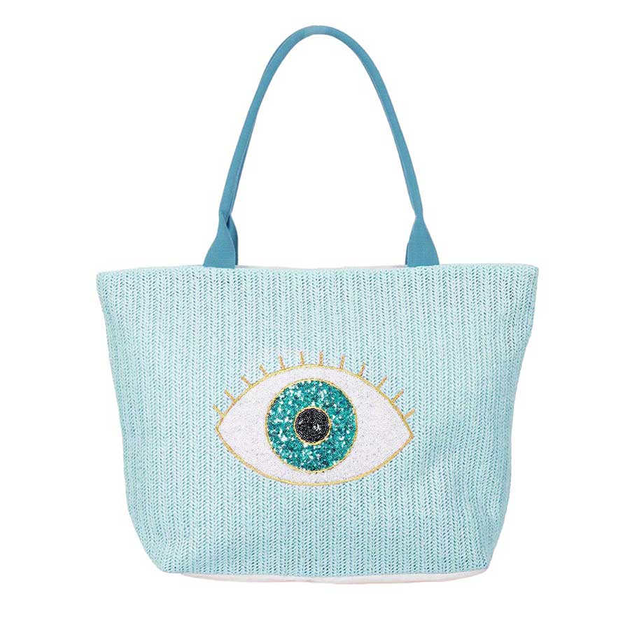 Light Blue Evil Eye Sequins Tote Bag, combines bold style with functional design. The dazzling sequin detailing adds a touch of glamour, while the sturdy material and spacious interior make it perfect for everyday use. Protect yourself from negativity and turn heads with this eye-catching tote.