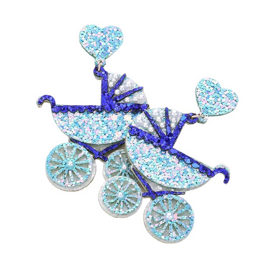 Light Blue Glittered Heart Stroller Dangle Earrings, make a great accessory for any outfit. The lightweight earrings feature a delicate glittered heart stroller with gold-tone accents, perfect for adding sparkle and fun to any look. Lightweight and easy to wear, these earrings are sure to become your go-to accessory.
