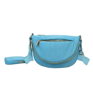 Light Blue Half Round Solid Nylon Crossbody Bag, is made of nylon, making it lightweight and durable. The adjustable shoulder strap ensures it will be comfortable to carry. The half-round shape adds a unique look to this bag, making it a great choice for any occasion. Perfect gift for fashion-forwarded family members and friends.