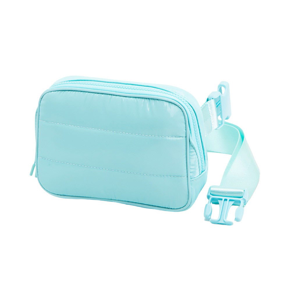 Light Blue Puffer Rectangle Sling Bag Fanny Bag Belt Bag, this stylish is bag made from durable material to ensure maximum protection and comfort. It features a fashionable design with adjustable straps, and secure buckle closure ensuring your valuables are safe and secure. The perfect accessory for any occasion, shopping, etc.