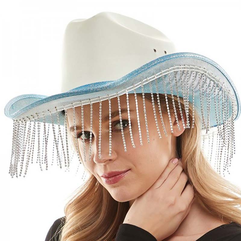 Light Blue Rhinestone Fringe Glittered Cowboy Hat, Large comfortable, and perfect for keeping the sun off of your face, neck, and shoulders. It looks so pretty, bright, and elegant at summer parties and special occasions. Perfect gifts for birthdays, Mother’s Day, anniversaries, holidays, Valentine’s Day, or any special occasion.