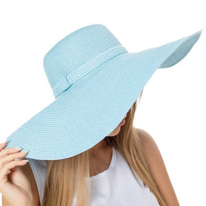 Light Blue Solid Floppy Straw Sun Hat, Stay stylish and protected from the sun with our sun hats! Made from high-quality straw, this hat is perfect for any sunny day. Its floppy design not only looks fashionable but also provides ample shade for your face and neck. Don't forget to pack this accessory for your next beach trip!
