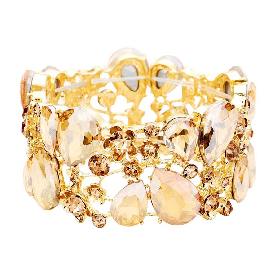 Light Col Topaz Glass Crystal Teardrop Floral Stretch Evening Bracelet, this timeless evening bracelet is designed with stunning craftsmanship, featuring an intricate floral pattern on a crystal teardrop centerpiece. This is the perfect gift, especially for your friends, family, and the people you love and care about.