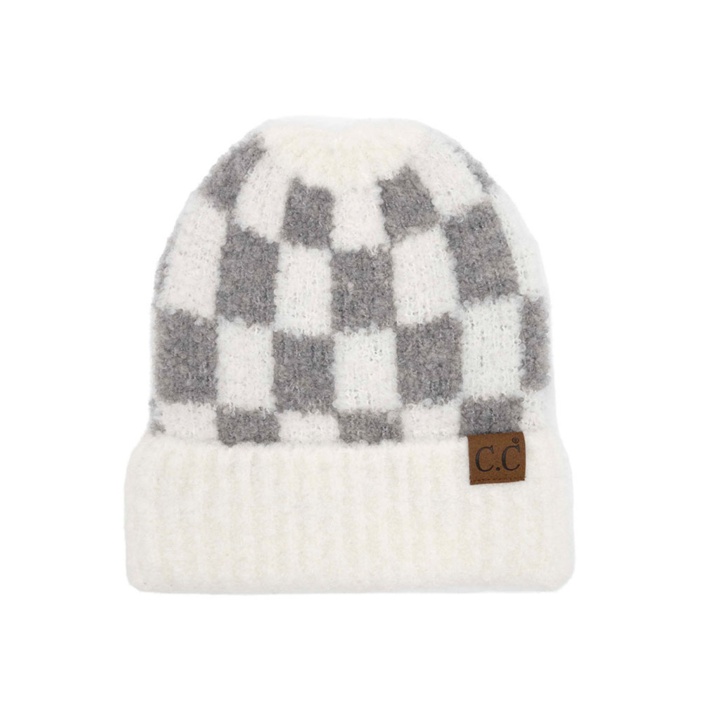 Light Gray C.C Checkered Pattern Boucle Cuff Beanie, stay warm and fashionable with this stylish beanie. The soft boucle accent adds a delightful touch of fun to any outfit. Awesome winter gift accessory for birthdays, Christmas, holidays, anniversaries, or Valentine's Day to your friends, family, and loved ones.