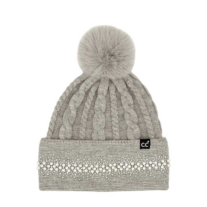 Light Gray C.C Pearl Rhinestone Embellishment Beanie with Fur Pom, this classic C.C beanie is made from a thick and soft fabric, featuring a glamorous pearl and rhinestone embellishment detail. Awesome winter gift accessory for Birthday, Christmas, Stocking Stuffer, Secret Santa, Holiday, Anniversary, family, and loved ones.