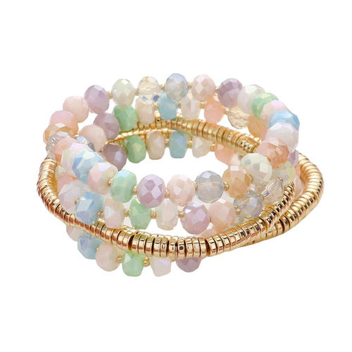5PCS Faceted Heishi Beaded Multi Layered Stretch Bracelets - Light Multi
