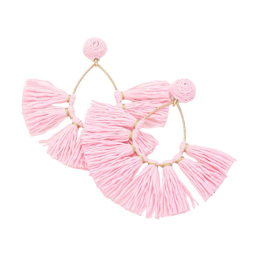 Light Pink Raffia Fringe Fan Dangle Earrings, Expertly crafted with delicate Raffia Fringe, these earrings add a touch of elegance to any outfit. The fan dangle design creates a unique and eye-catching look, while the lightweight material ensures comfortable wear all day long. Perfect for any occasion.