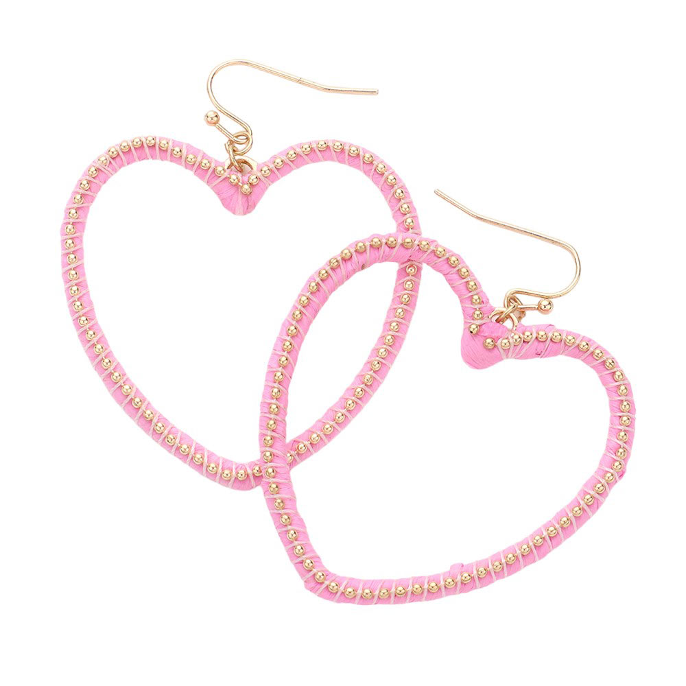 Hot Pink Raffia Metal Ball Wrapped Open Heart Dangle Earrings, Expertly crafted with a unique design, these earrings are perfect for any occasion. The intricate metal wrapping around the raffia balls adds a touch of sophistication, while the open heart shape adds a delicate and feminine touch. Elevate your style with these.