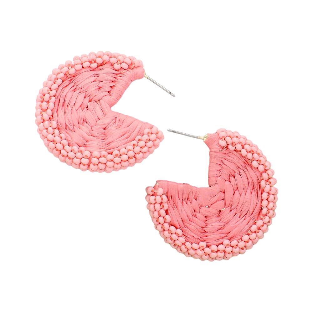 Light Pink Raffia Wrapped Seed Beaded Round Earrings, Expertly crafted with a combination of raffia and seed beads, these round earrings add a touch of natural elegance to any outfit. The intricate beadwork and unique wrapping technique showcase expert artistry. Elevate your style with these earrings, perfect for any occasion.